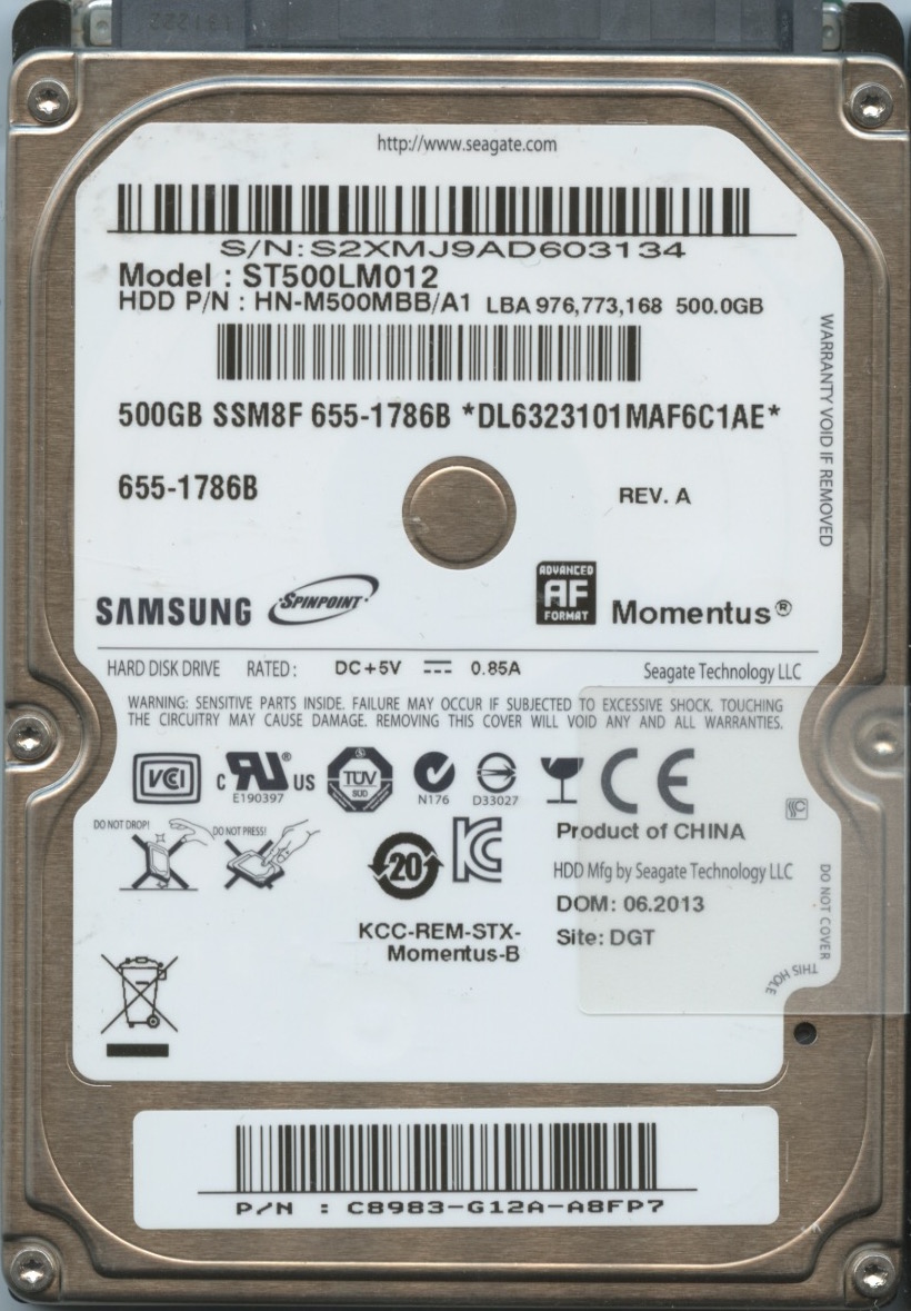 ST500LM012 HN-M500MBB:A1 655-1786B SAMSUNG 500GB