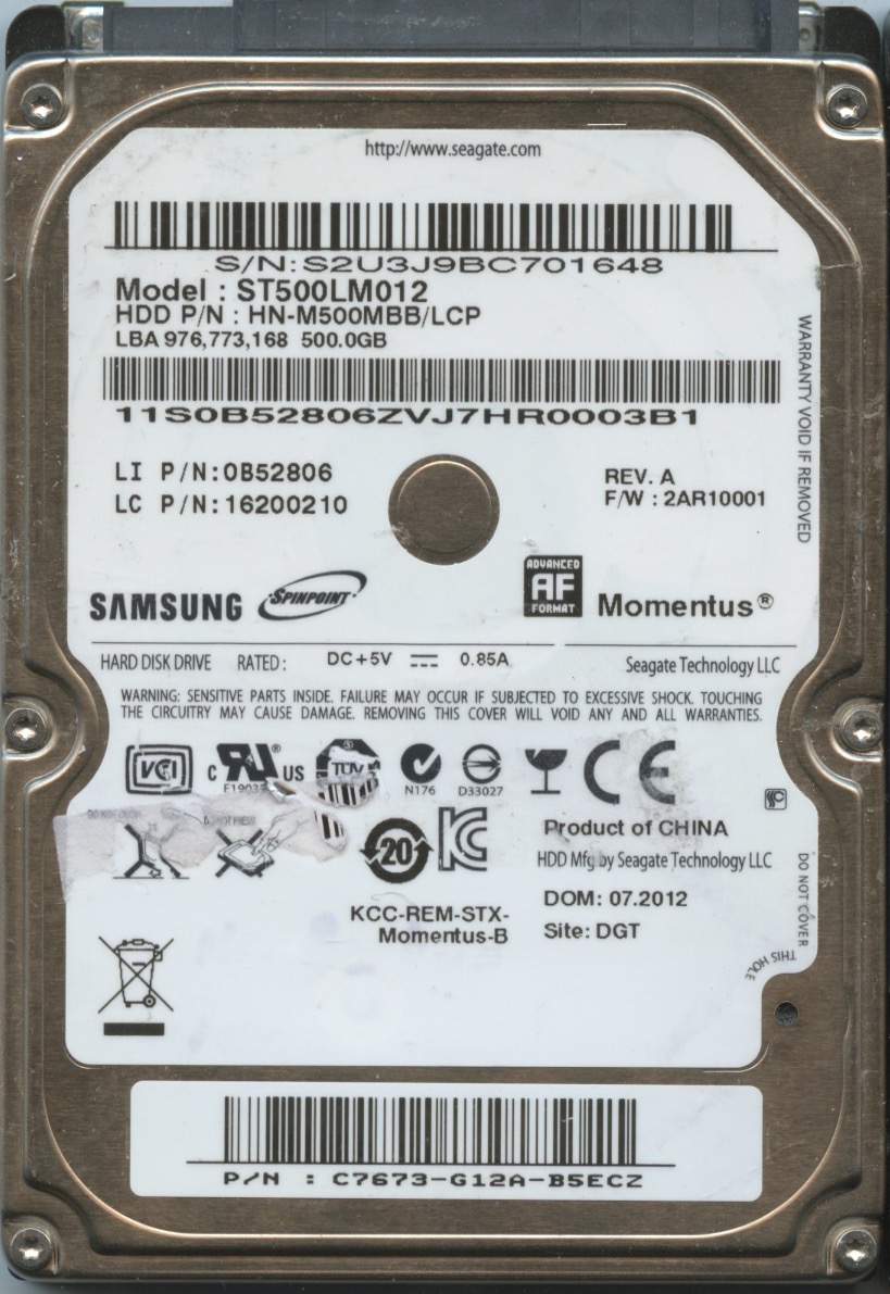 ST500LM012 HN-M500MBB:LCP 2AR10001 C7673-G12A-B5ECZ SAMSUNG 500GB