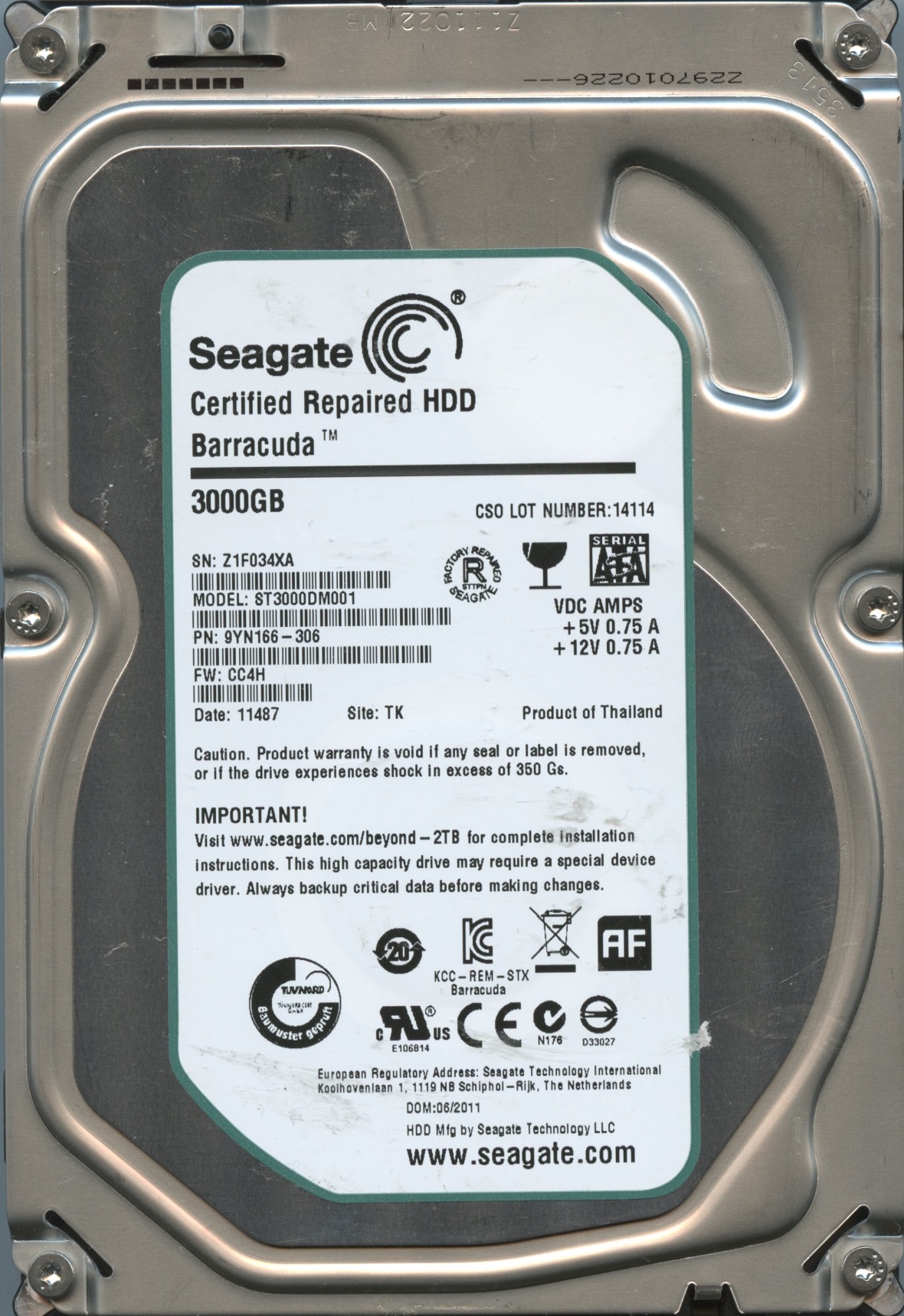 SEAGATE ST3000DM001 CC4H 9YN166-306 3TB