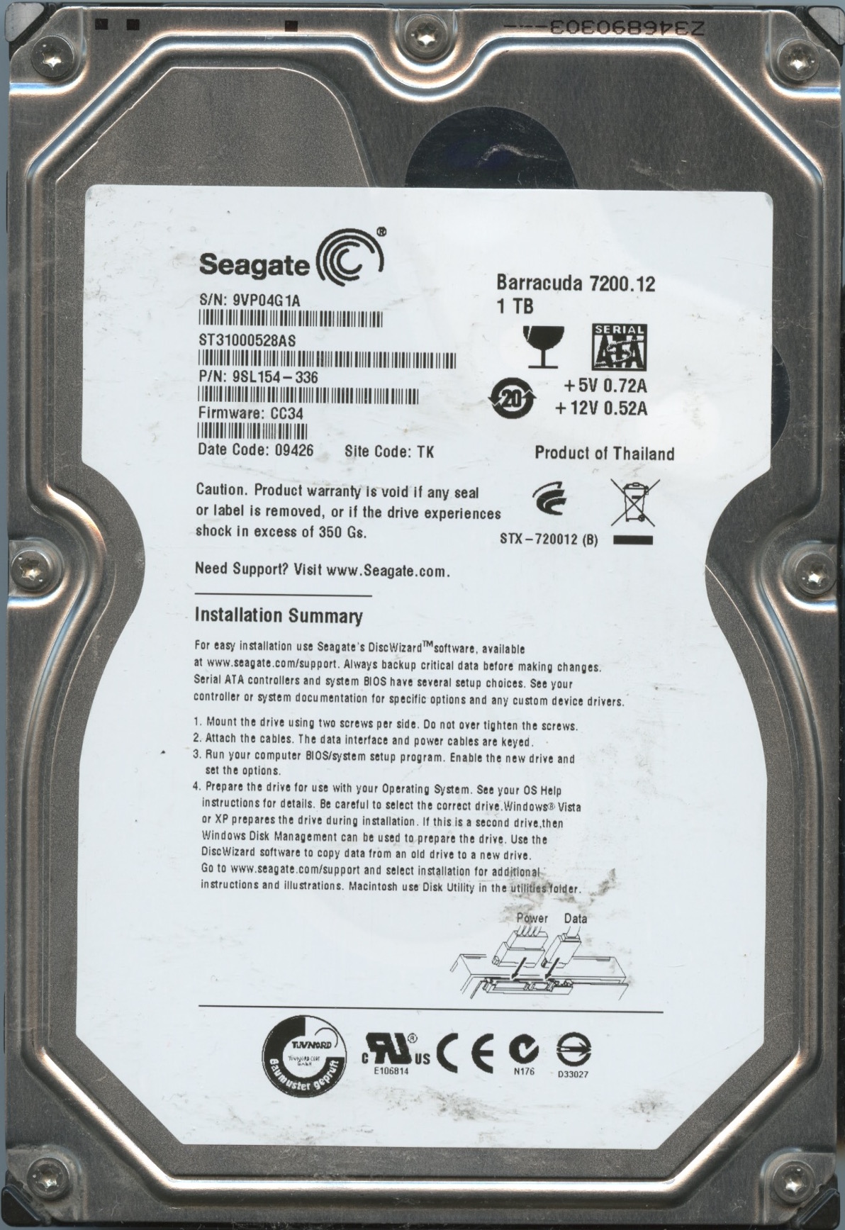 SEAGATE ST31000528AS CC34 9SL154-336 1TB
