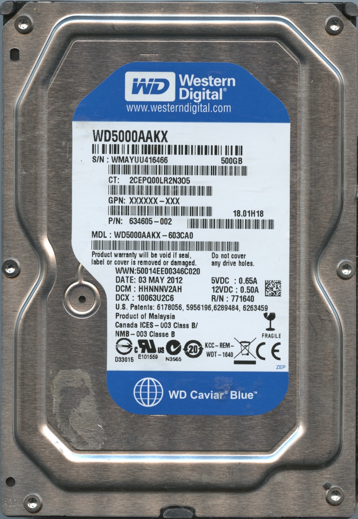 WD5000AAKX WMAYU 05:12 WESTERN DIGITAL 500GB