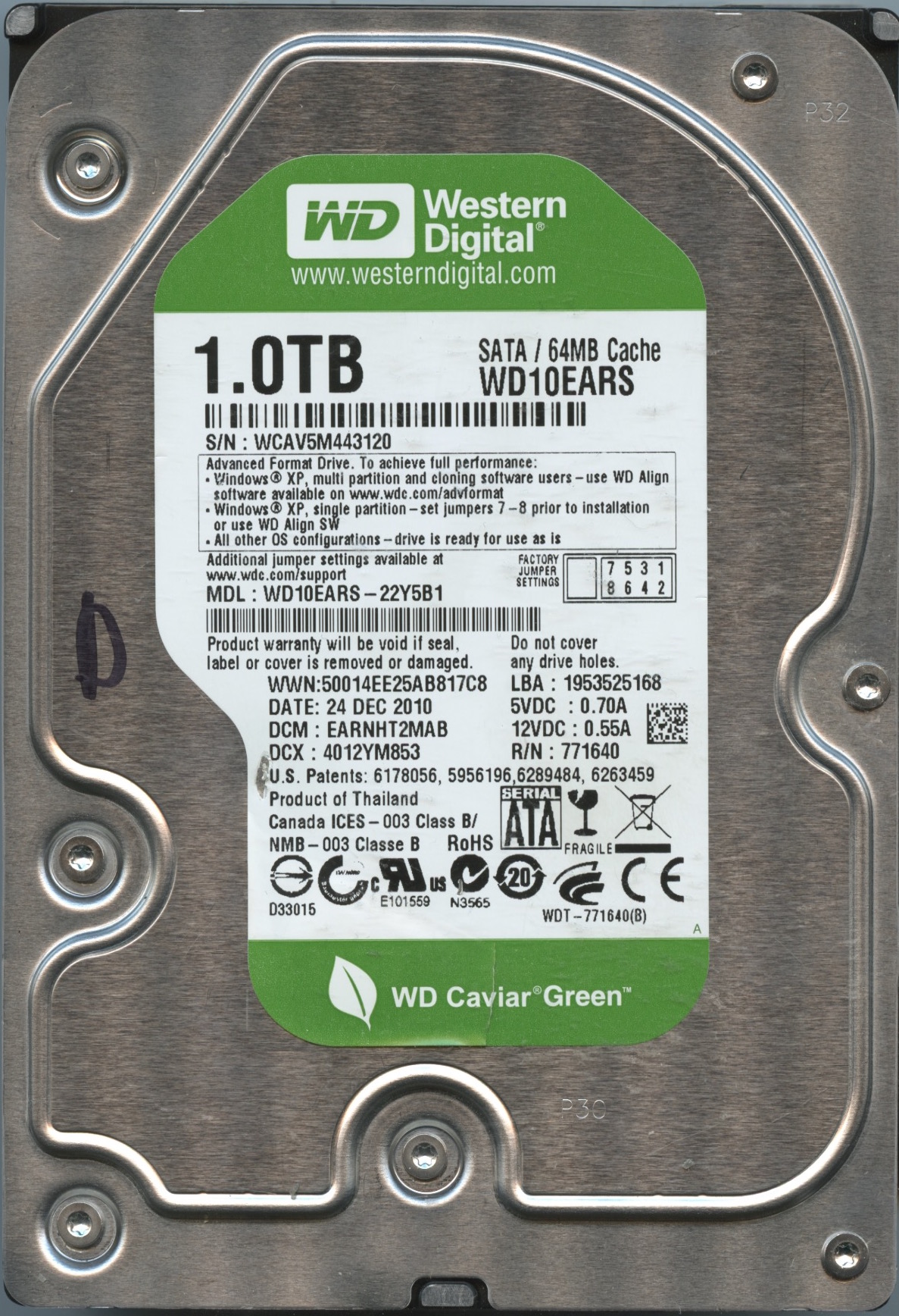 WD10EARS WCAV5 12:10 WESTERN DIGITAL 1TB