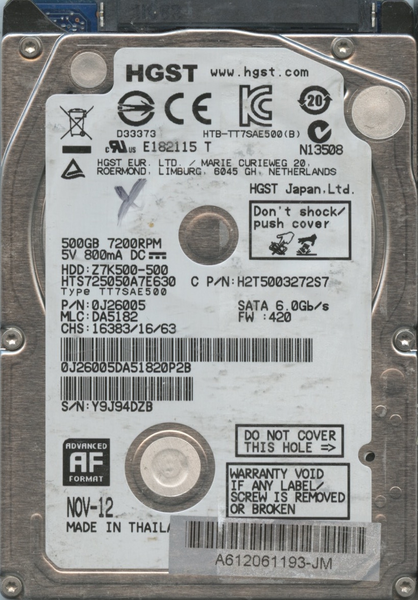 HGST HTS725050A7E630 0J26005 DA5182 THAILAND 11:12 500GB HDD